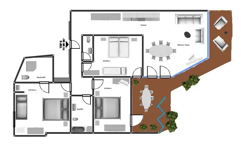 Grundriss des Apartments Top 5 mit Wintergarten und Terrasse
