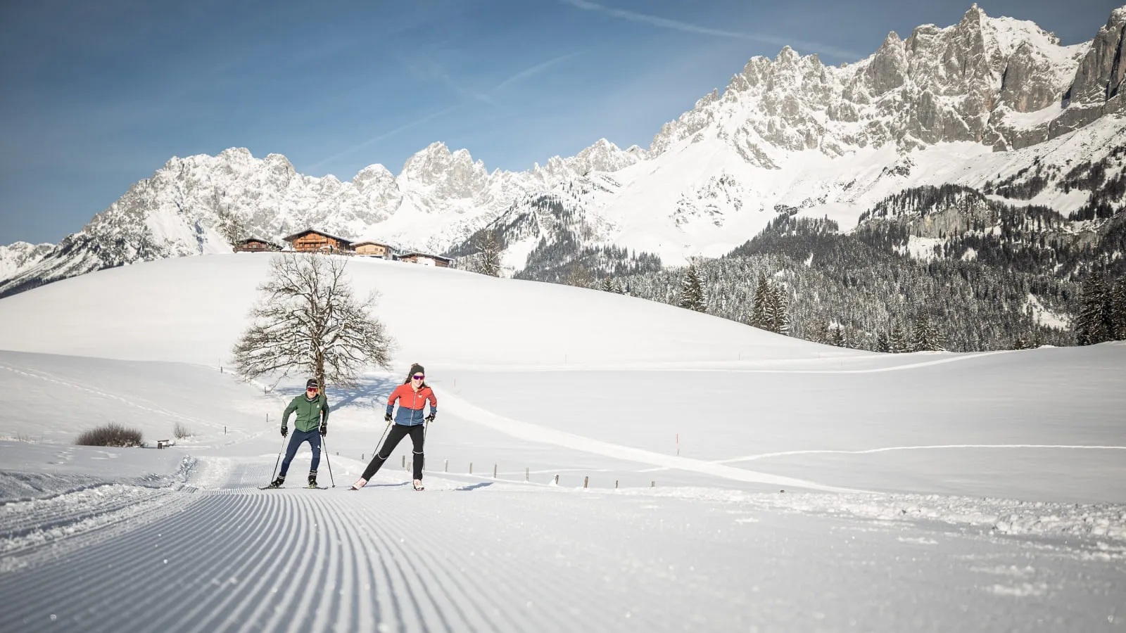 Zwei Langläufer auf der Loipe vor dem Wilden Kaiser